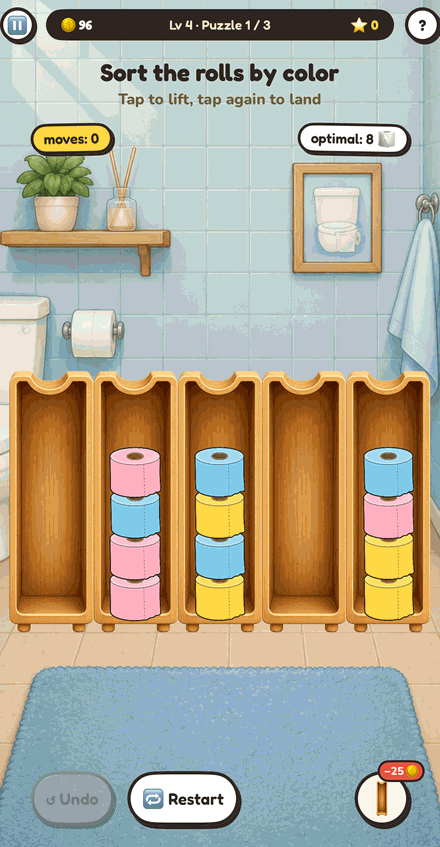 Roll Call — sort the toilet-paper rolls by color